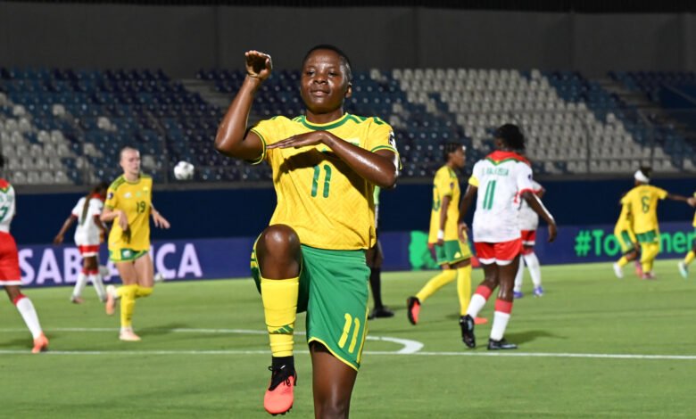 Thembi Kgatlana of South Africa celebrates goal during the 2026 Womens Africa Cup of Nations match between Burkina Faso and South Africa at Moulay Rachid Stadium in Casablanca, Morocco on 04 August 2026 ©Sydney Mahlangu/BackpagePix