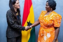 Vice President Opoku-Agyemang (right) exchanging greetings with Ambassador Madeira during the visit