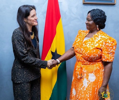 Vice President Opoku-Agyemang (right) exchanging greetings with Ambassador Madeira during the visit