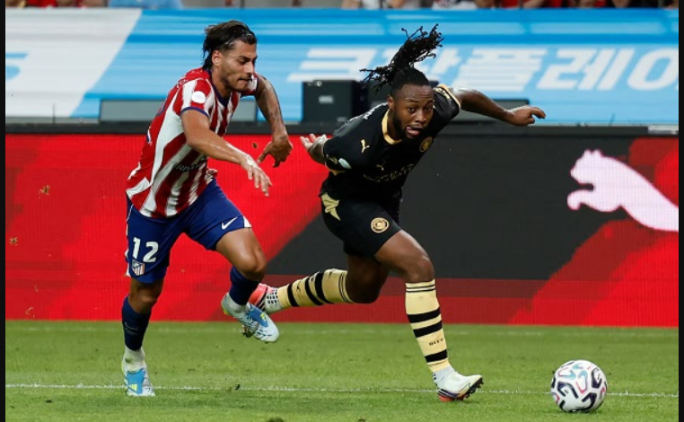Antoine Semenyo in action with Atletico Madrid's Carlos Martin