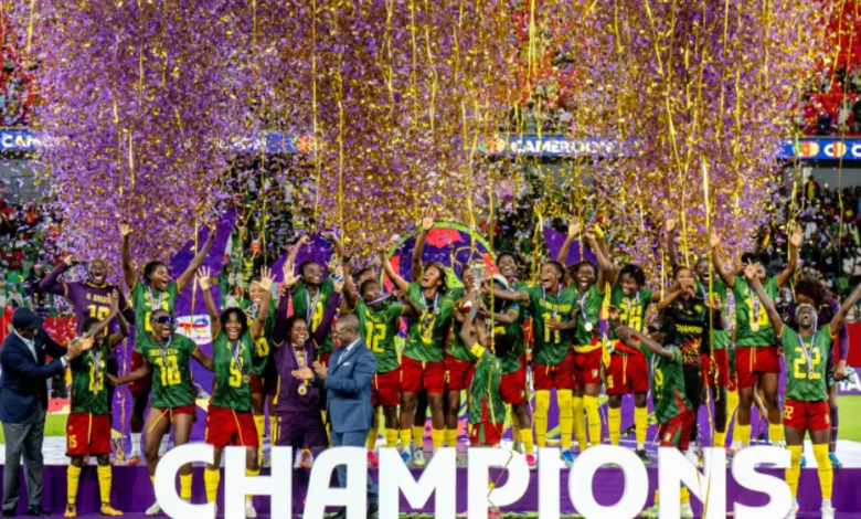 Cameroon's football team celebrates after winning the Women's AFCON 2026 final against Malawi, in Rabat