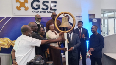 Ms Pearl Nkrumah (fourth from left) with Ms Amoah (third from left) and others tolling the GSE bell to mark the listing of PETROSOL Platinum Energies PLC on the Accra bourse