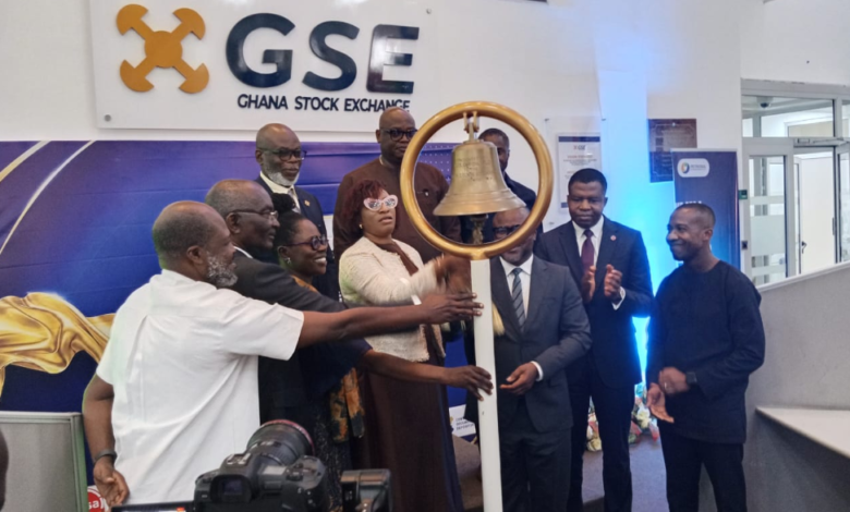 Ms Pearl Nkrumah (fourth from left) with Ms Amoah (third from left) and others tolling the GSE bell to mark the listing of PETROSOL Platinum Energies PLC on the Accra bourse
