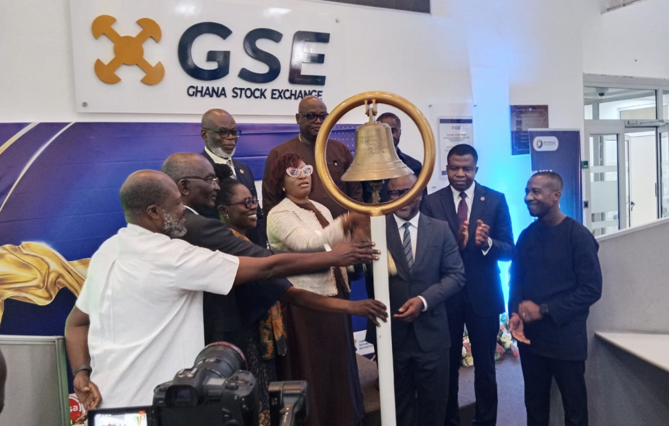 Ms Pearl Nkrumah (fourth from left) with Ms Amoah (third from left) and others tolling the GSE bell to mark the listing of PETROSOL Platinum Energies PLC on the Accra bourse