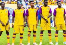 A line-up of Medeama SC players before the game in Lubumbashi