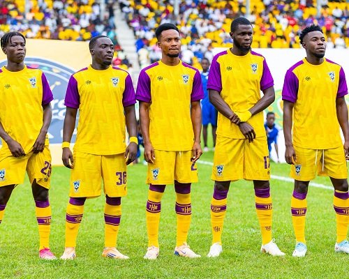 A line-up of Medeama SC players before the game in Lubumbashi