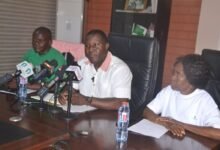 Mr Daryl Bosu (middle) making a statement at the briefing. with him is Ms Awula Serwaa Photo Victor A. Buxton