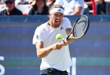 Aug 5, 2026; Montreal, QC, Canada; Alexander Zverev (GER) returns the ball to Tallon Griekspoor (NED) in second round play at IGA Stadium. Mandatory Credit: David Kirouac-Imagn Images