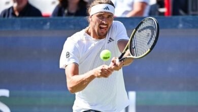 Aug 5, 2026; Montreal, QC, Canada; Alexander Zverev (GER) returns the ball to Tallon Griekspoor (NED) in second round play at IGA Stadium. Mandatory Credit: David Kirouac-Imagn Images