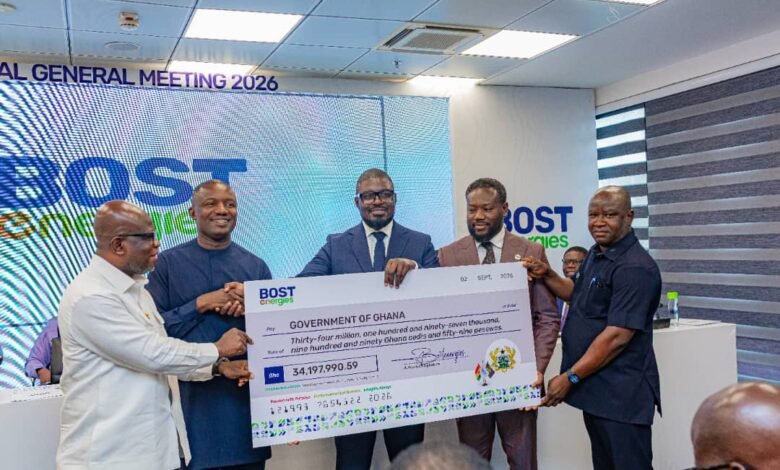 Mr Awoonor (second from right) presenting the dummy cheque to Dr Jinapor (second from left). With them are Prof Micheal Kpessa-Whyte (left) and officials from BOSTenergies
