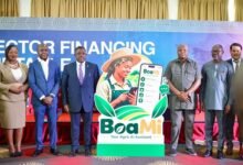 Mr Samuel Nartey George (third from left), Minister of Communication, Digital Technology and Innovations, with Prof. Nsor-Ambala (third from right) and other guests during the launch