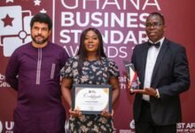 Officials of the company display their awards