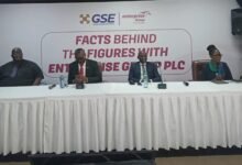 Enterprise Group Performance Pix------Mr Larbi-Tieku(second from left) with the Managing Director of the Ghana Stock Exchange, Mr Abena Amoah (right) with other dignitaries during the programme.