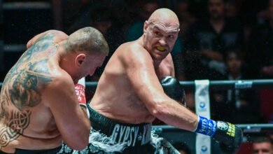 Fury landing a punch against Polish veteran Mariusz Wach in his last bout