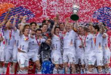 German players celebrating with the trophy