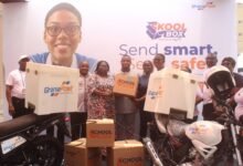 Mrs Rita Sraha (fourth from left) together with Ghana Post regional MDs launching the SKOOLBOX initiative. Photo. Ebo Gorman
