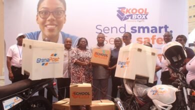 Mrs Rita Sraha (fourth from left) together with Ghana Post regional MDs launching the SKOOLBOX initiative. Photo. Ebo Gorman