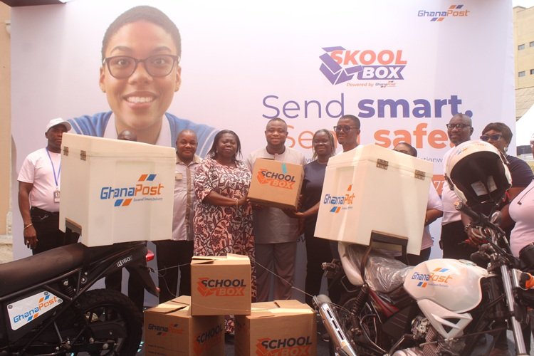 Mrs Rita Sraha (fourth from left) together with Ghana Post regional MDs launching the SKOOLBOX initiative. Photo. Ebo Gorman