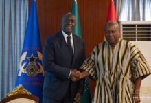 President Mahama (right) welcoming Makhtar Diop at the Jubilee House in Accra