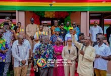 Dr Agyeman-Rawlings (third from right) and Alfred Allotey-Gaisie (second from left) infront of the Osu-Adabraka Zonal Council offices after the commissioning