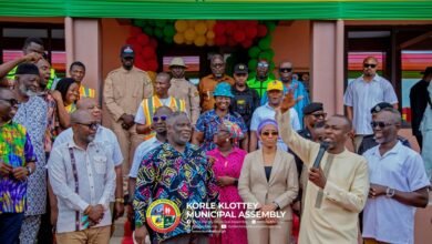 Dr Agyeman-Rawlings (third from right) and Alfred Allotey-Gaisie (second from left) infront of the Osu-Adabraka Zonal Council offices after the commissioning