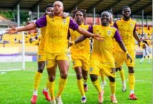 Medeama SC players celebrating the opening goal of the game