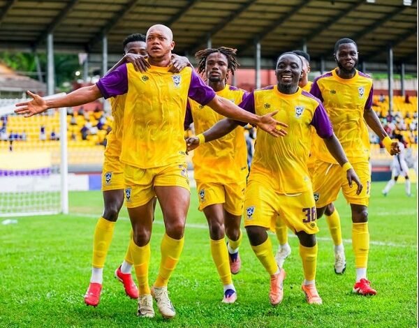 Medeama SC players celebrating the opening goal of the game