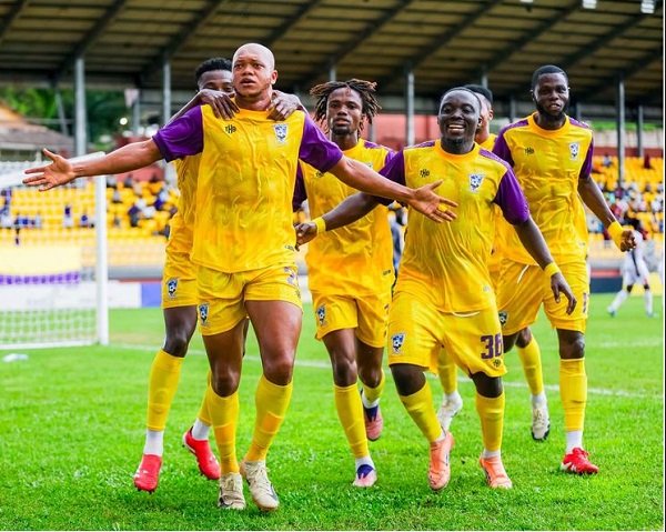 Medeama SC players celebrating the opening goal of the game