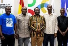 Mr Woyome (middle) flanked by members of the committee and Mr Akpokavie (third left)