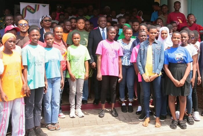 Mr. Nartey George (middle) with some beneficiaries of the Girls in ICT initiative