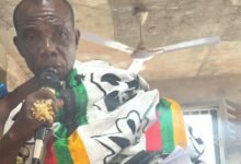 Nana Kumah addressing journalists at the news confab. Pic 2 Chiefs, linguists offer libation prayer at the Nsuaem Traditional Council