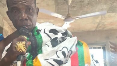 Nana Kumah addressing journalists at the news confab. Pic 2 Chiefs, linguists offer libation prayer at the Nsuaem Traditional Council