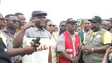 Mr Ahmed Ibrahim briefing the press during his working visit to Kaneshie Market .JPG