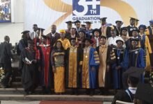 Prof. Daniel Ganu (fourth from right) with other dignitaries and some graduands during the graduation ceremony