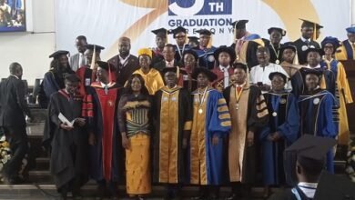 Prof. Daniel Ganu (fourth from right) with other dignitaries and some graduands during the graduation ceremony