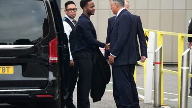 Raheem Sterling, second left, arrives at Basingstoke Magistrates’ Court ahead of his first appearance accused of dangerous driving in Hampshire, yesterday