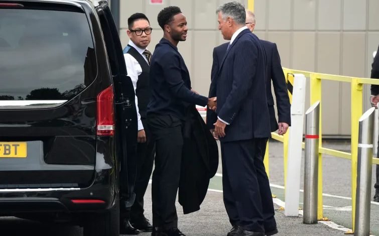 Raheem Sterling, second left, arrives at Basingstoke Magistrates’ Court ahead of his first appearance accused of dangerous driving in Hampshire, yesterday