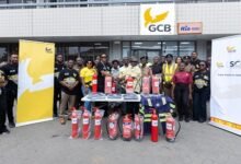 Representatives of the GCB Bank staff handing over the equipment to the hospital staff
