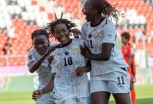 Ruth Amponsah (10) joined by team mates to celebrate the second goal