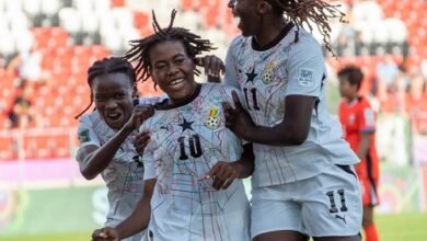Ruth Amponsah (10) joined by team mates to celebrate the second goal
