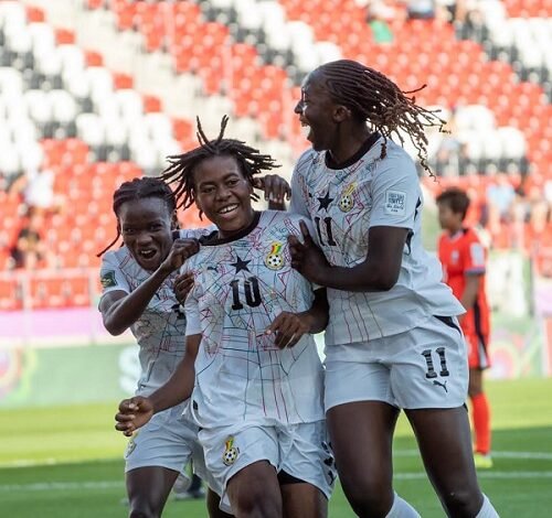 Ruth Amponsah (10) joined by team mates to celebrate the second goal
