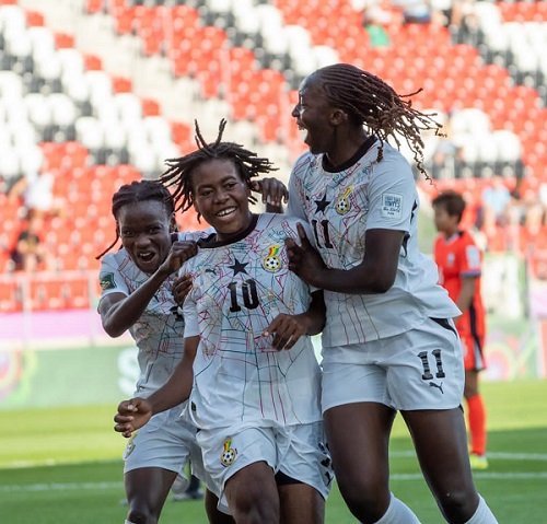 Ruth Amponsah (10) joined by team mates to celebrate the second goal