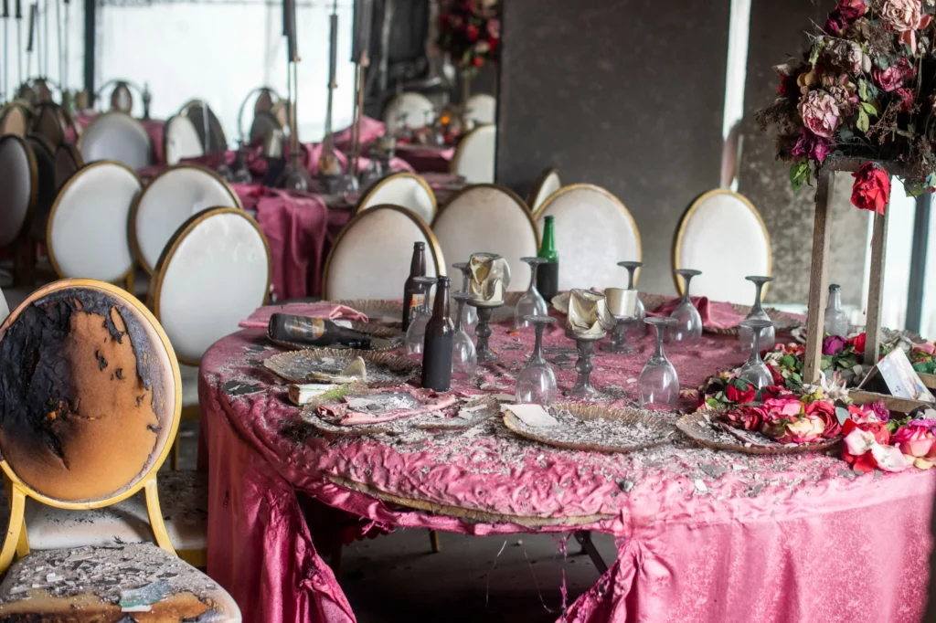 Tablescapes are covered in ash and debris in the aftermath of a fire that broke out in a building hosting a wedding party in Lingwala