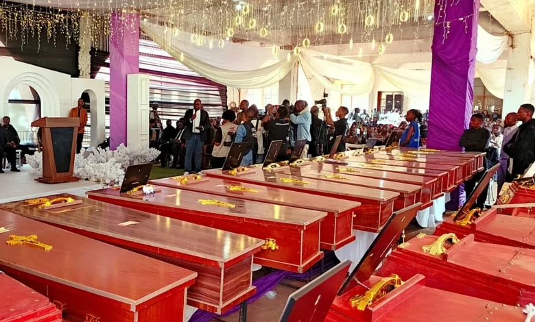The coffins containing the remains of the 26 children
