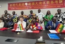 Togbe Hodo (fourth from left) with Mr Bonsu, the Chinese officials and the delegation from the Volta Regional House of Chiefs after signing the MOU