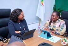 Dr Fiona Braka (left) in a discussion with Ms Obuobia Darko-Opoku, Administrator of the Ghana Medical Trust Fund (MahamaCares) Secretariat