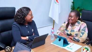 Dr Fiona Braka (left) in a discussion with Ms Obuobia Darko-Opoku, Administrator of the Ghana Medical Trust Fund (MahamaCares) Secretariat