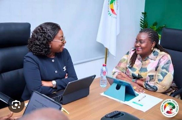 Dr Fiona Braka (left) in a discussion with Ms Obuobia Darko-Opoku, Administrator of the Ghana Medical Trust Fund (MahamaCares) Secretariat