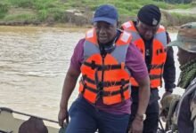 We will not waver in galamsey fight -------Mr Armah-Kofi Buah (infront) with military personnel during an operation against illegal mining sites on the Ankobra River in the Western Region