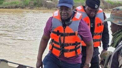 We will not waver in galamsey fight -------Mr Armah-Kofi Buah (infront) with military personnel during an operation against illegal mining sites on the Ankobra River in the Western Region